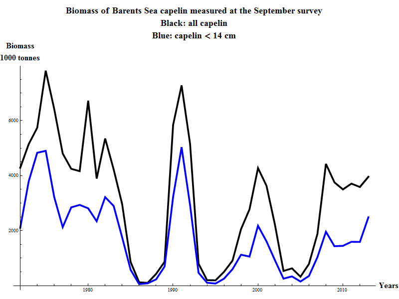 Graphics:Biomass of Barents Sea capelin measured at the September survey Black: all capelin Blue: capelin &lt; 14 cm